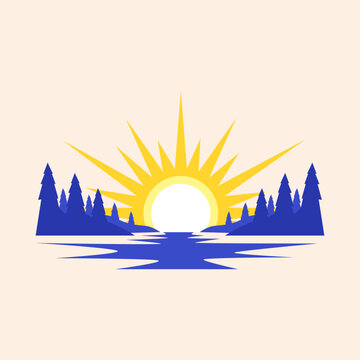 Symmetric Pine Trees Forest and Lake Landscape with Sunburst Reflection Vector
