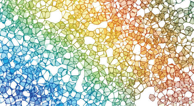 Abstract organic cellular network pattern featuring interconnected polygonal shapes with a vibrant rainbow gradient, creating a dynamic and colorful scientific illustration.