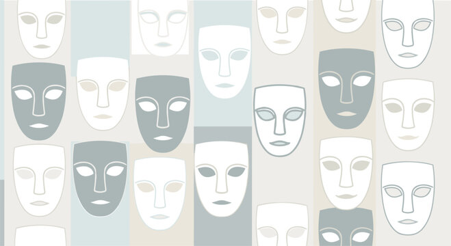 Seamless pattern of stylized theatre masks in a neutral color palette, creating a repetitive and contemplative background with an artistic touch.