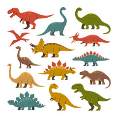 Cute cartoon dinosaurs collection set with tyrannosaurus rex triceratops and stegosaurus, prehistoric animal vector illustration © APU
