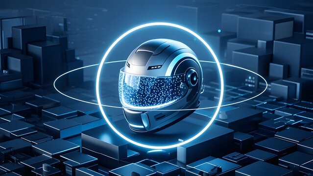 Futuristic silver helmet with glowing blue visor and neon rings on digital city background