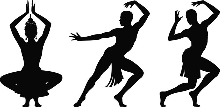 Traditional Asian and Ethnic Dancer Silhouette Set Featuring Classical Poses, Cultural Headdress, and Dynamic Performing Arts Movement