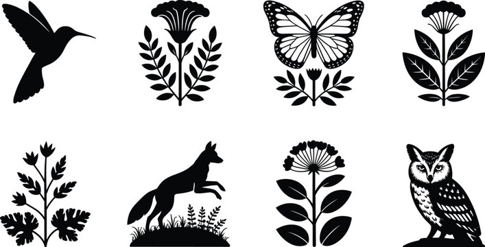 Linocut Nature Silhouette Set with Hummingbird Monarch Butterfly Jumping Fox Wise Owl and Mystical Folk Art Botanical Flower Designs