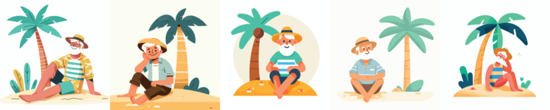 vector of a grandpa sitting next to a coconut tree in summer