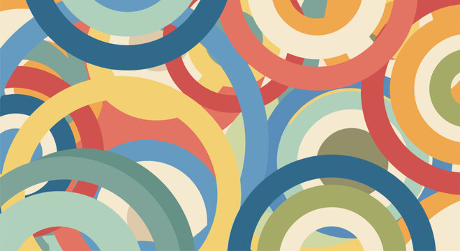 Cheerful abstract seamless pattern composed of an array of overlapping and intertwined colorful concentric circles, creating a vibrant and dynamic visual texture.