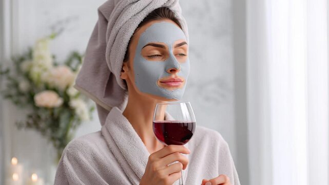 Woman sipping wine with clay mask and plush robe in bright bathroom, towel turban, expressive poses, closeup wine swirl, confident glamour, pampering routine,