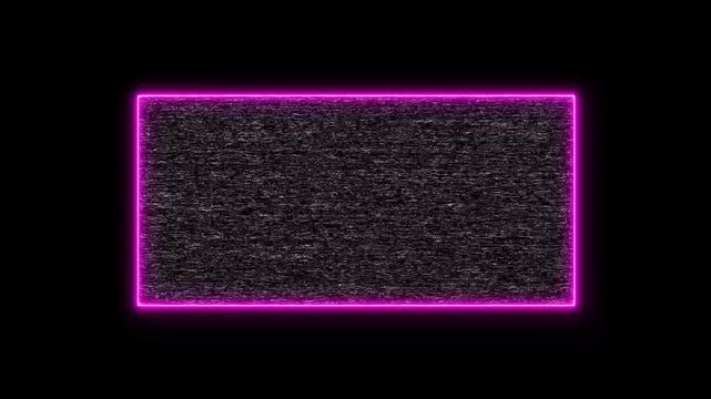 Neon pink glowing rectangular frame with digital glitch noise overlay on black background, rectangle border