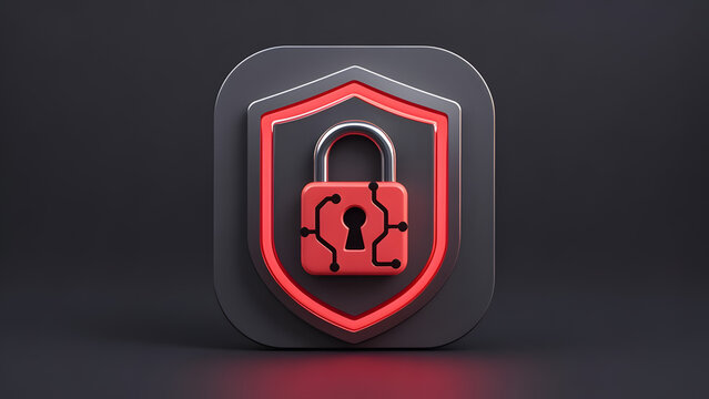 Red digital padlock with circuit pattern inside glowing shield on dark background