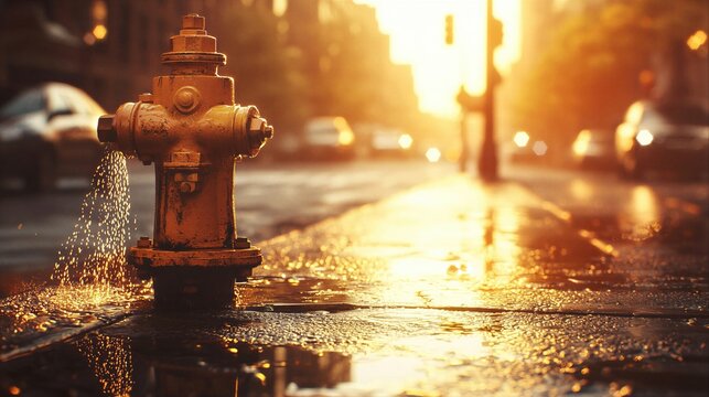 Yellow fire hydrant leaking water on city street sidewalk. Urban emergency equipment with flowing liquid during golden sunset. Public safety and city infrastructure maintenance concept.