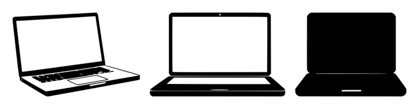 Solid black icon, white background: e-learning laptop icon set with simple line art design featuring simple design, minimalist, black and white with illustrations and graphics