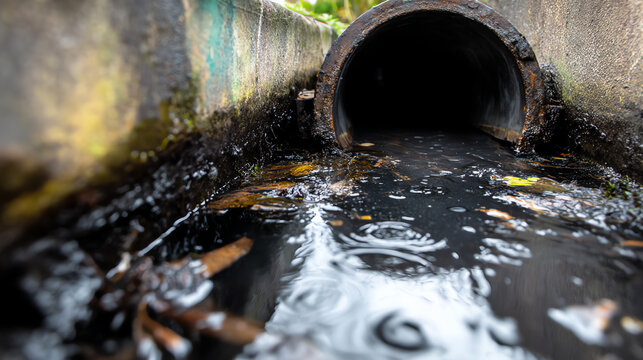 A close-up view of a drain pipe with dark water and debris, highlighting urban pollution issues and environmental concerns.