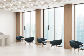 Fototapeta premium Modern lounge interior with panoramic windows, minimalist seating, wood columns, pendant lights and city view in bright contemporary design. 3D Rendering