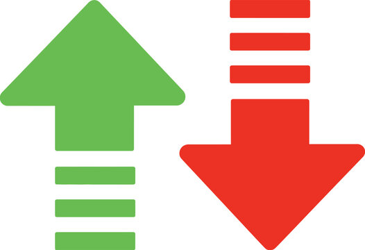 Green up arrow and red down arrow with lines isolated vector illustration