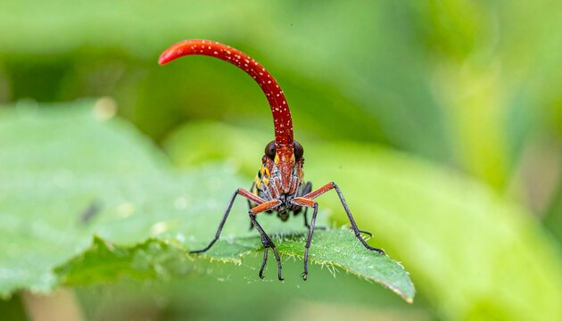 Close-up macro of red and yellow lantern fly with long rostrum on green leaf