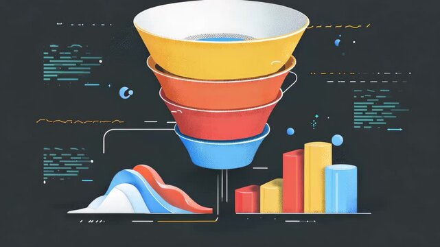 Colorful Multi-Layered Conversion Funnel Infographic over Dark Technical Background