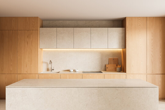 Minimalist warm wood kitchen interior design with stone island, soft ambient lighting and clean architectural details. 3D Rendering