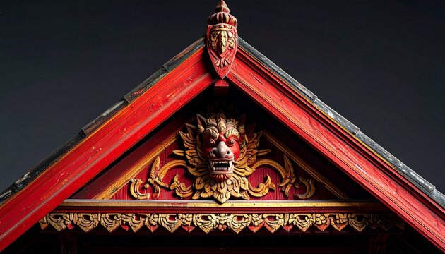 Intricate traditional Batak Toba wood carving of a lion head on house gable