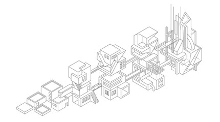 Fototapeta premium Isometric line drawing of a futuristic modular architectural complex with interconnected structures and abstract forms.