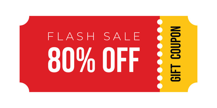 Bright red sale banner featuring bold 80% off text and a gold gift coupon tag on a clean white background, designed in a modern vector style.