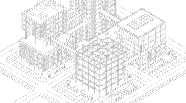 Isometric line drawing of a modern urban building complex with completed structures and a steel frame under construction, connected by skywalks.