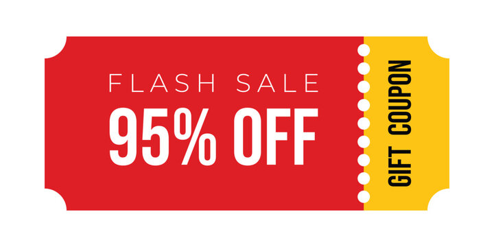 Vector illustration of a vibrant red flash sale banner featuring 95% off text and a yellow gift coupon label on a clean background.