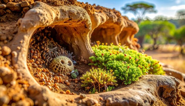 Close-up of termite mound cross-section with fungus garden and royal chamber