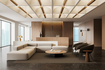 Modern reception lobby interior with minimalist furniture, warm wood paneling, geometric ceiling lights and elegant contemporary design elements. 3D Rendering © ImageFlow