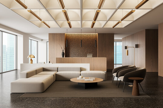Modern reception lobby interior with minimalist furniture, warm wood paneling, geometric ceiling lights and elegant contemporary design elements. 3D Rendering