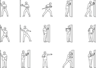 Obraz premium Collection of line of people interacting with vertical panels, some holding