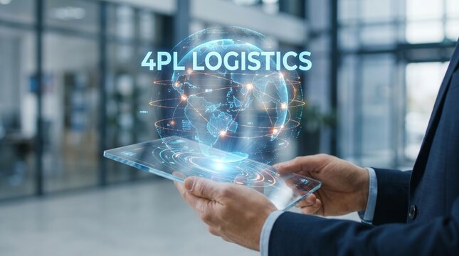 Businessman holding a tablet with a holographic 4PL logistics interface and globe overlay.