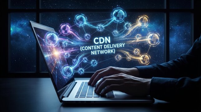 Person using laptop with Content Delivery Network visualization on screen.