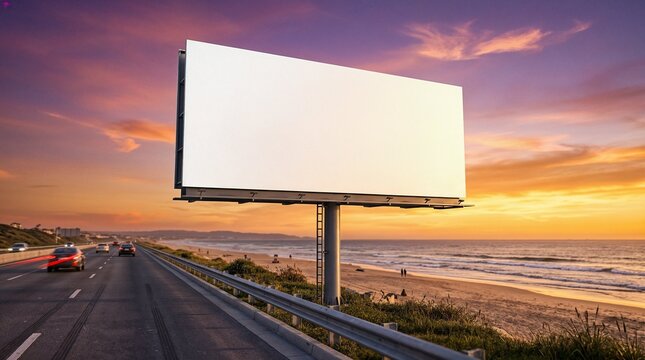 Blank Outdoor Billboard at Sunset, Cinematic Mockup in Beach Setting