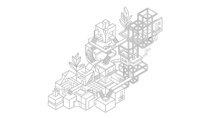 Naklejka premium Isometric line drawing of an intricate, fantastical mechanical structure with interconnected pipes and blocks.