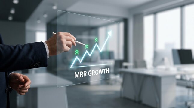 Businessman pointing at MRR growth chart on holographic screen in modern office.