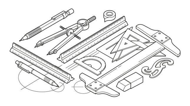 Line art illustration of various drafting and drawing tools, including compass, rulers, pencils, protractor, T-square, and eraser.