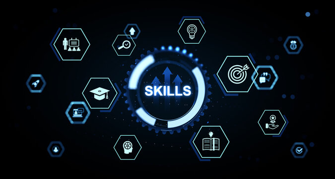 Skills development interface with glowing futuristic icons representing education, training, goals, and growth in a digital concept environment. 3D Rendering