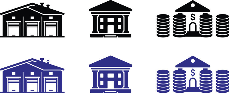 Financial institutions and currency stack icons set