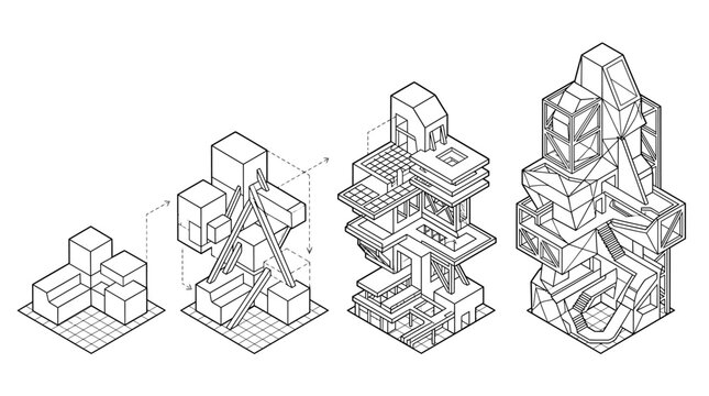 Isometric architectural design progression from simple blocks to complex, multi-layered structures, illustrating a modular construction process.