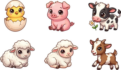 Cute farm animal cartoon collection featuring chick pig cow sheep lamb and goat character illustrations © MOSLEMA
