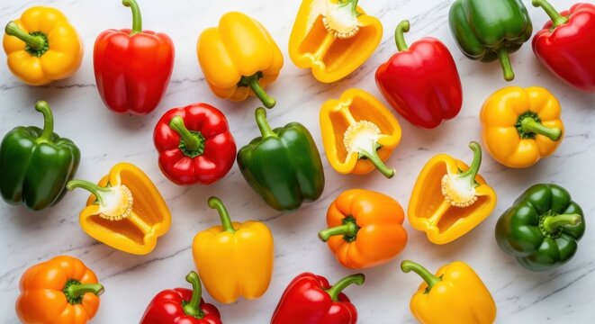 Assortment of vibrant bell peppers displaying whole and halved forms scattered across a light surface