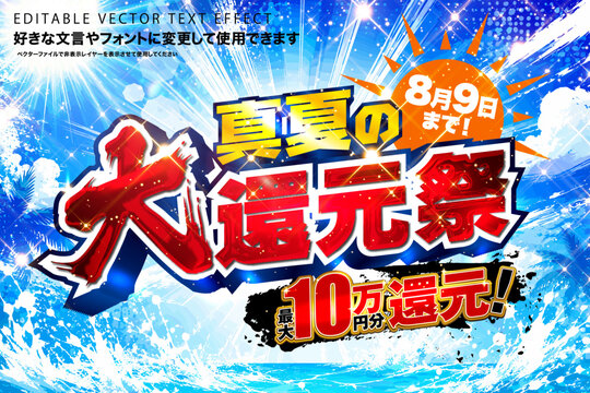 【文字編集可能】 装飾テキストエフェクト。編集可能なグラフィックスタイルテンプレート。真夏の大還元祭