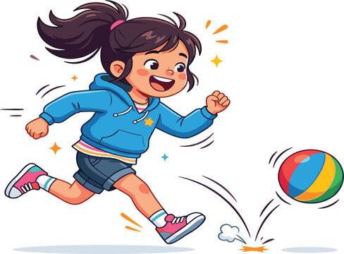 Happy young girl running and playing with a colorful bouncing ball, isolated on white background