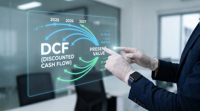Financial analyst using holographic display for discounted cash flow analysis.