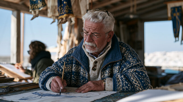 Traditional Greek shadow puppet craftsman painting a new theatrical figure in a coastal workshop, finished puppets hanging from rafters, a visiting arts journalist observing and sketching, cultural 