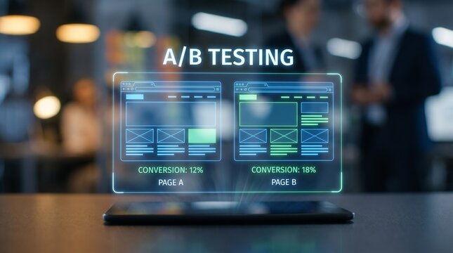 AB Testing Hologram Displayed on a Table in Modern Office Environment.