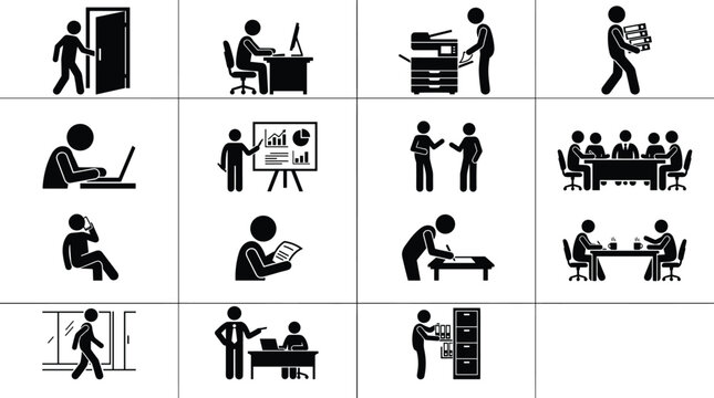 Office workplace silhouette icon set featuring business tasks teamwork communication management and professional corporate activities
