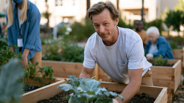 Student mandatory volunteer group at a senior activity center assists elderly residents with adaptive gardening in raised planter beds, a physical therapist supervising safe techniques as the studen