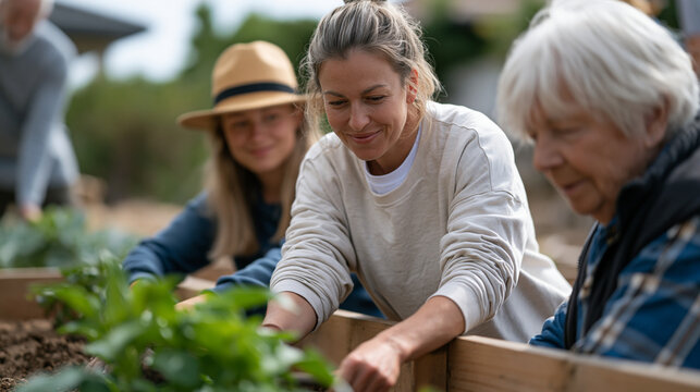 Student mandatory volunteer group at a senior activity center assists elderly residents with adaptive gardening in raised planter beds, a physical therapist supervising safe techniques as the studen