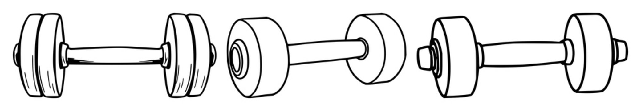 Dumbbell set with black line art on white background featuring fitness, weightlifting, exercise with athletics, gym equipment and strength training