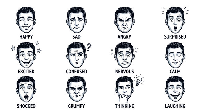 Set of Male Faces Showing Different Emotions and Expressions in Sketchy Style
